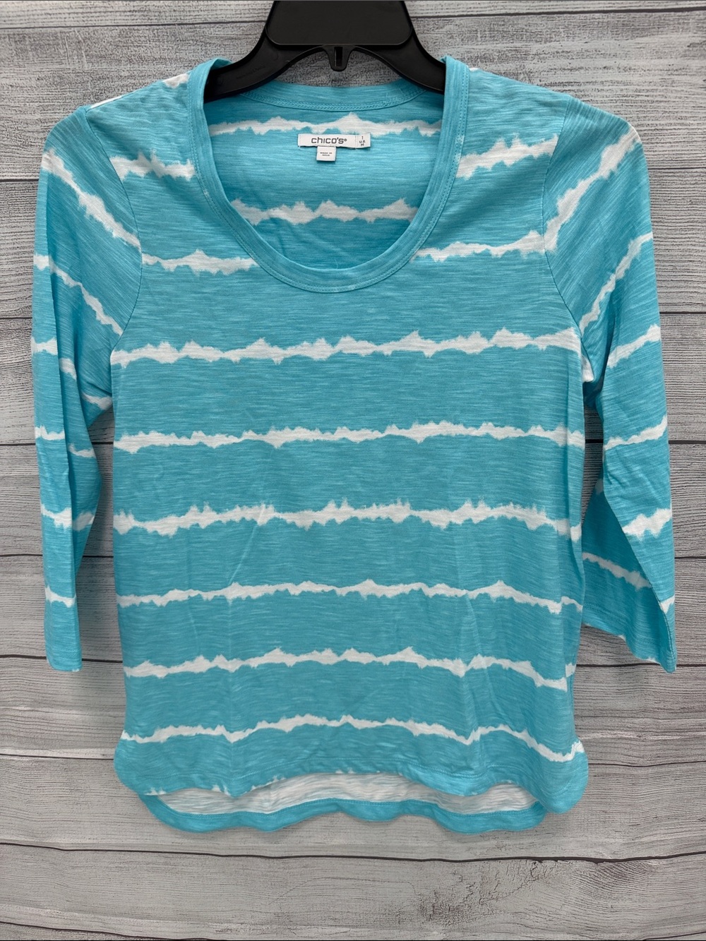 Chico's Turquoise & White Striped Scoop Neck Long Sleeve Top